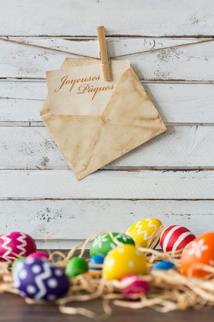 Easter eggs and decorative raffia